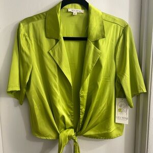 Lily Star Lime Green Tie-Front Satin Blouse